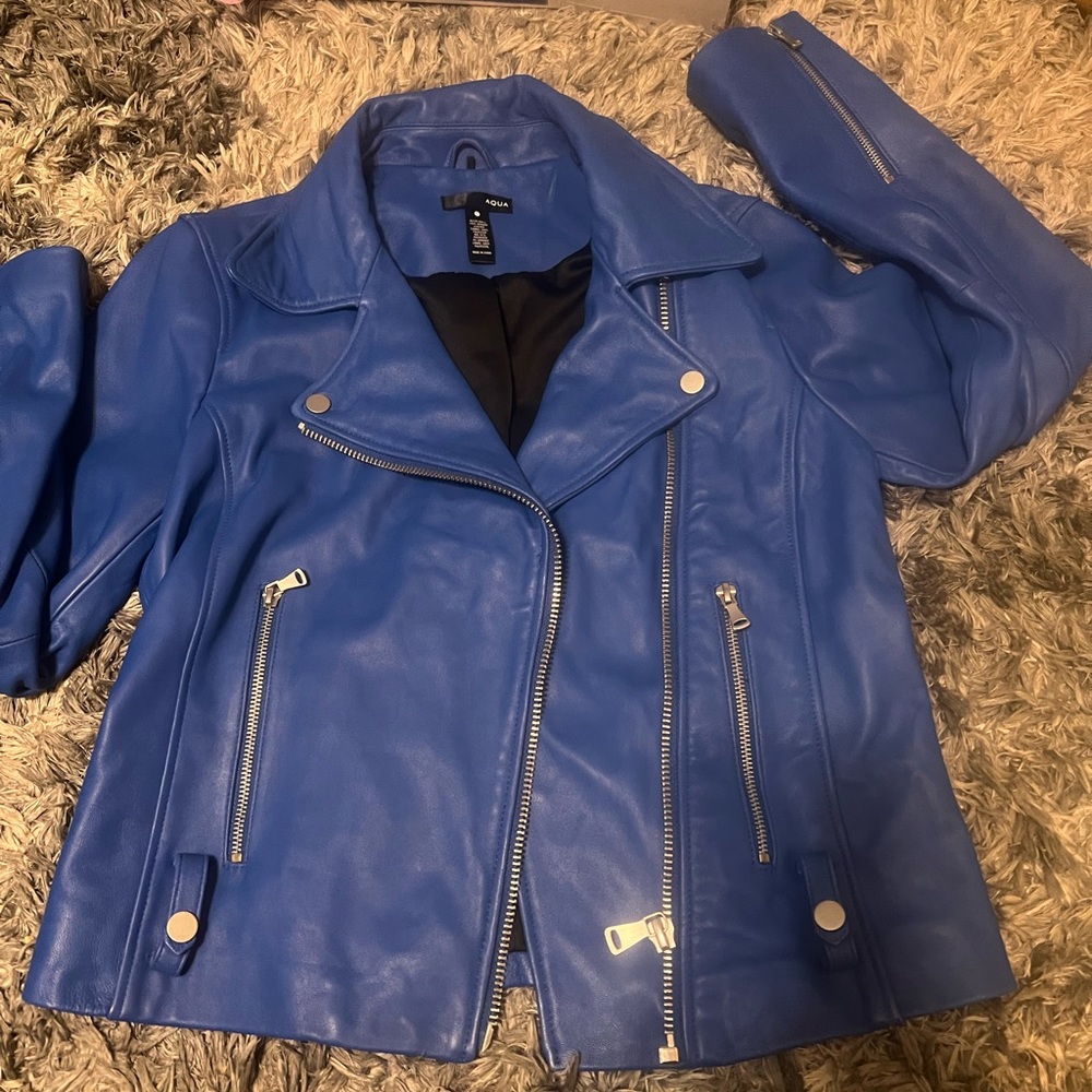 Aqua Vibrant Blue Leather Jacket